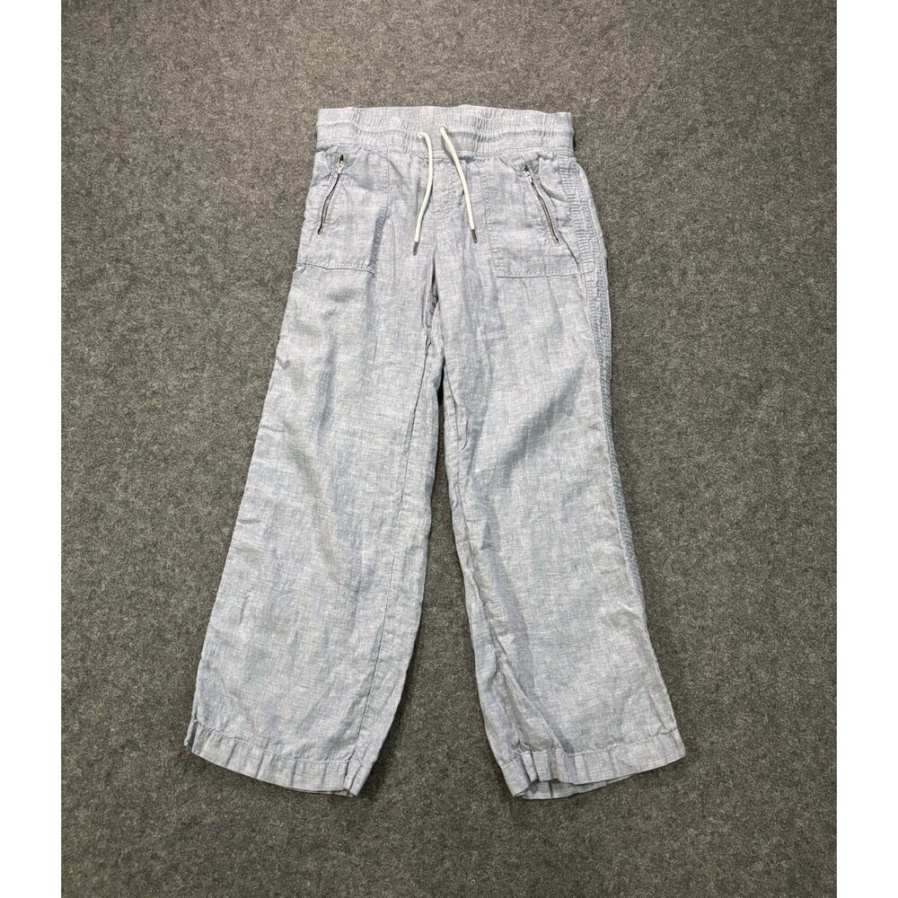 Athleta Cabo Linen Wide Leg Pants Size 8 Blue Drawstring Casual Beach